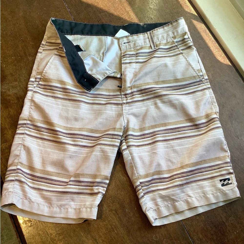 Billabong Men's Striped Cream and Brown Board Shorts Sz 30